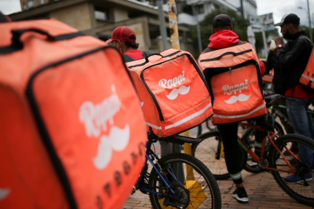 Delivery workers for Rappi and other delivery apps protest as part of a strike to demand better wages and working conditions, amid the coronavirus disease (COVID-19) outbreak, in Bogota, Colombia August 15, 2020